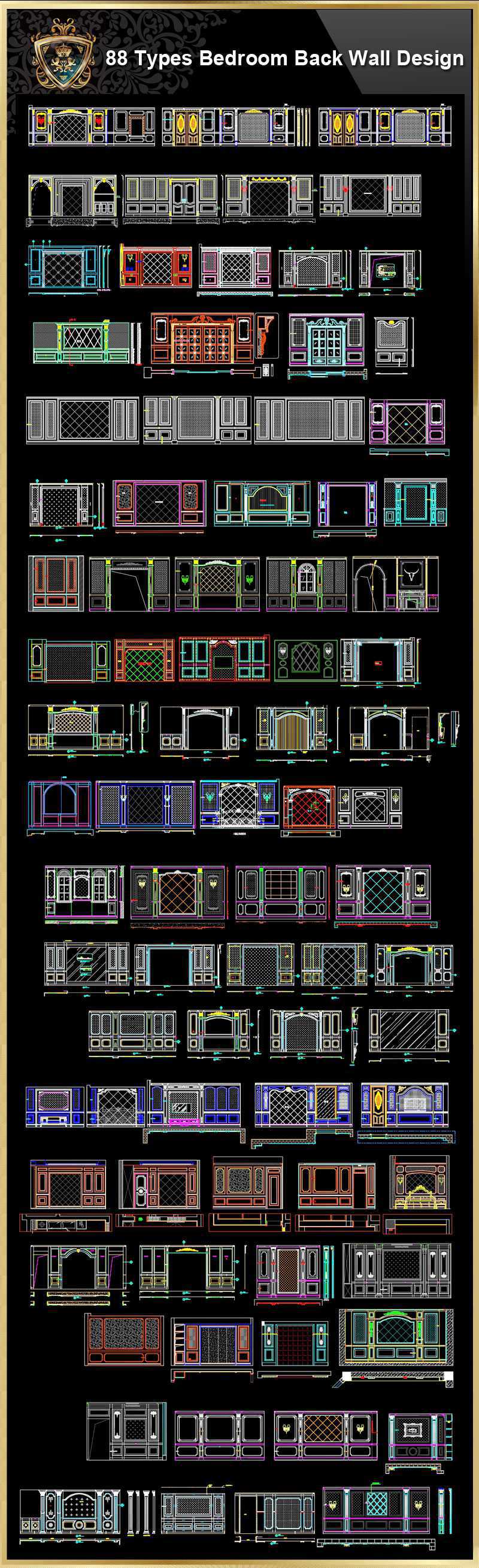᩸8 Types of Bedroom Back Wall Design CAD Drawings᪢><img border=